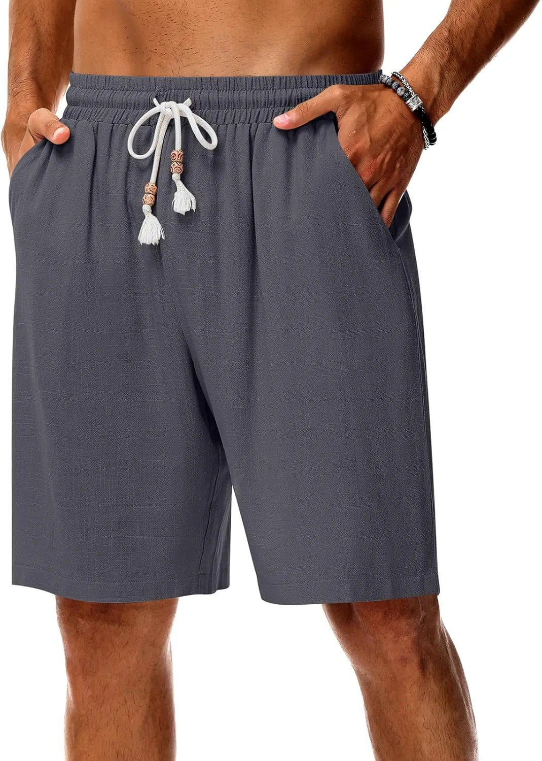 Neer 2 Pack Men's Linen Shorts, Casual Lightweight Drawstring Shorts 9 Inch Inseam Elastic Waist Short Pants with Pockets