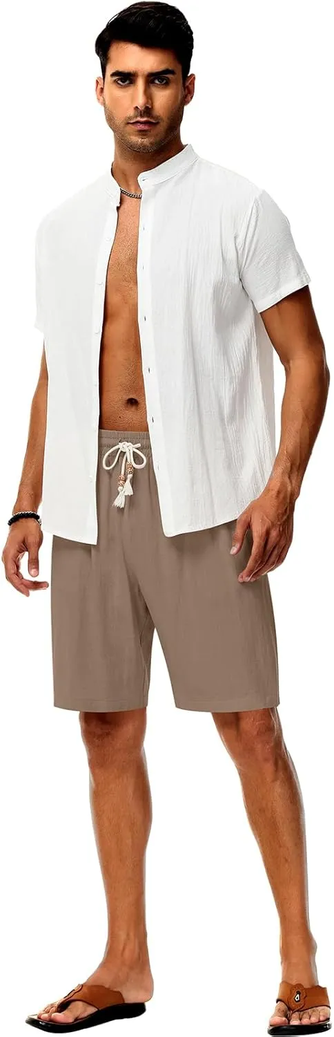 Neer 2 Pack Men's Linen Shorts, Casual Lightweight Drawstring Shorts 9 Inch Inseam Elastic Waist Short Pants with Pockets