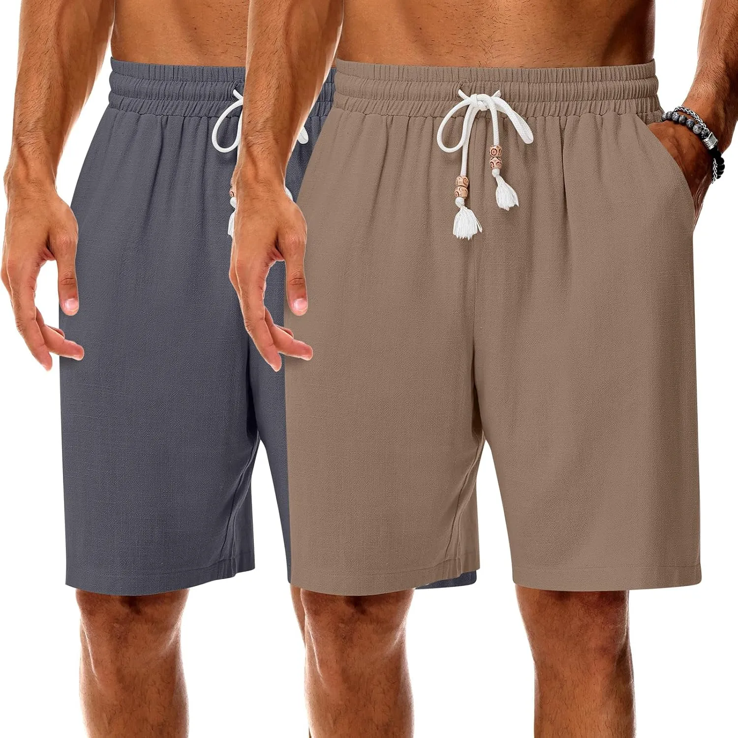 Neer 2 Pack Men's Linen Shorts, Casual Lightweight Drawstring Shorts 9 Inch Inseam Elastic Waist Short Pants with Pockets