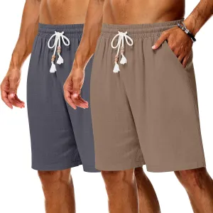 Neer 2 Pack Men's Linen Shorts, Casual Lightweight Drawstring Shorts 9 Inch Inseam Elastic Waist Short Pants with Pockets