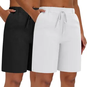 Neer 2 Pack Women's Linen Bermuda Shorts Elastic Waist Wide Leg Shorts Casual Summer Bottoms with Pockets