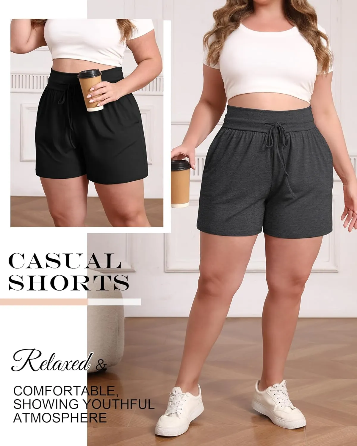 Neer 3 Pack Women's Plus Size Sweat Shorts, Cotton Drawstring Lounge Shorts Casual Summer Lightweight Soft Short with Pockets