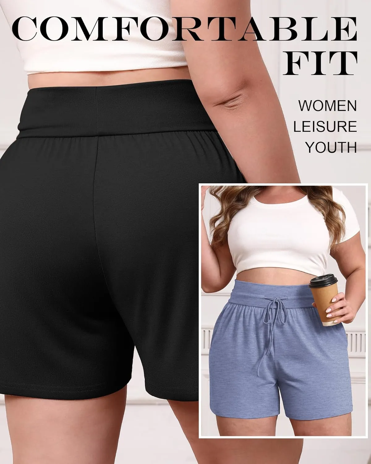 Neer 3 Pack Women's Plus Size Sweat Shorts, Cotton Drawstring Lounge Shorts Casual Summer Lightweight Soft Short with Pockets