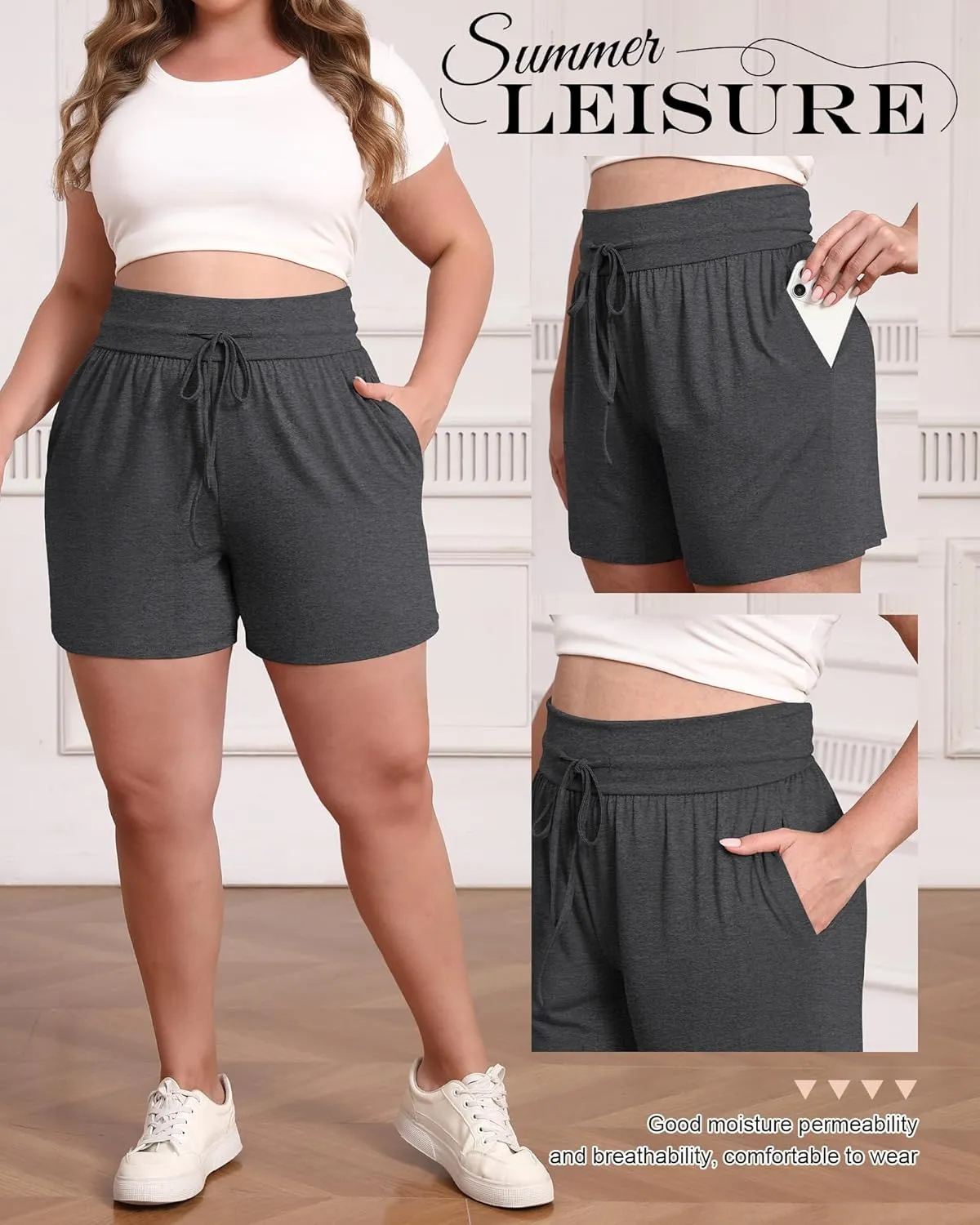 Neer 3 Pack Women's Plus Size Sweat Shorts, Cotton Drawstring Lounge Shorts Casual Summer Lightweight Soft Short with Pockets