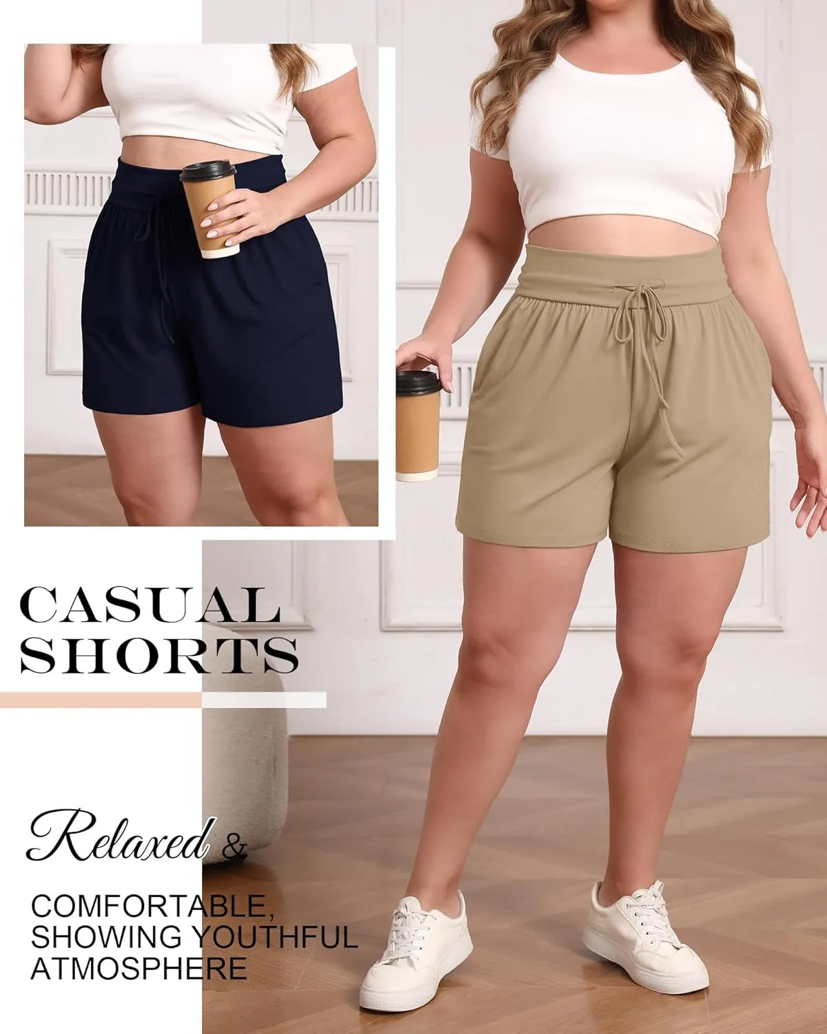 Neer 3 Pack Women's Plus Size Sweat Shorts, Cotton Drawstring Lounge Shorts Casual Summer Lightweight Soft Short with Pockets