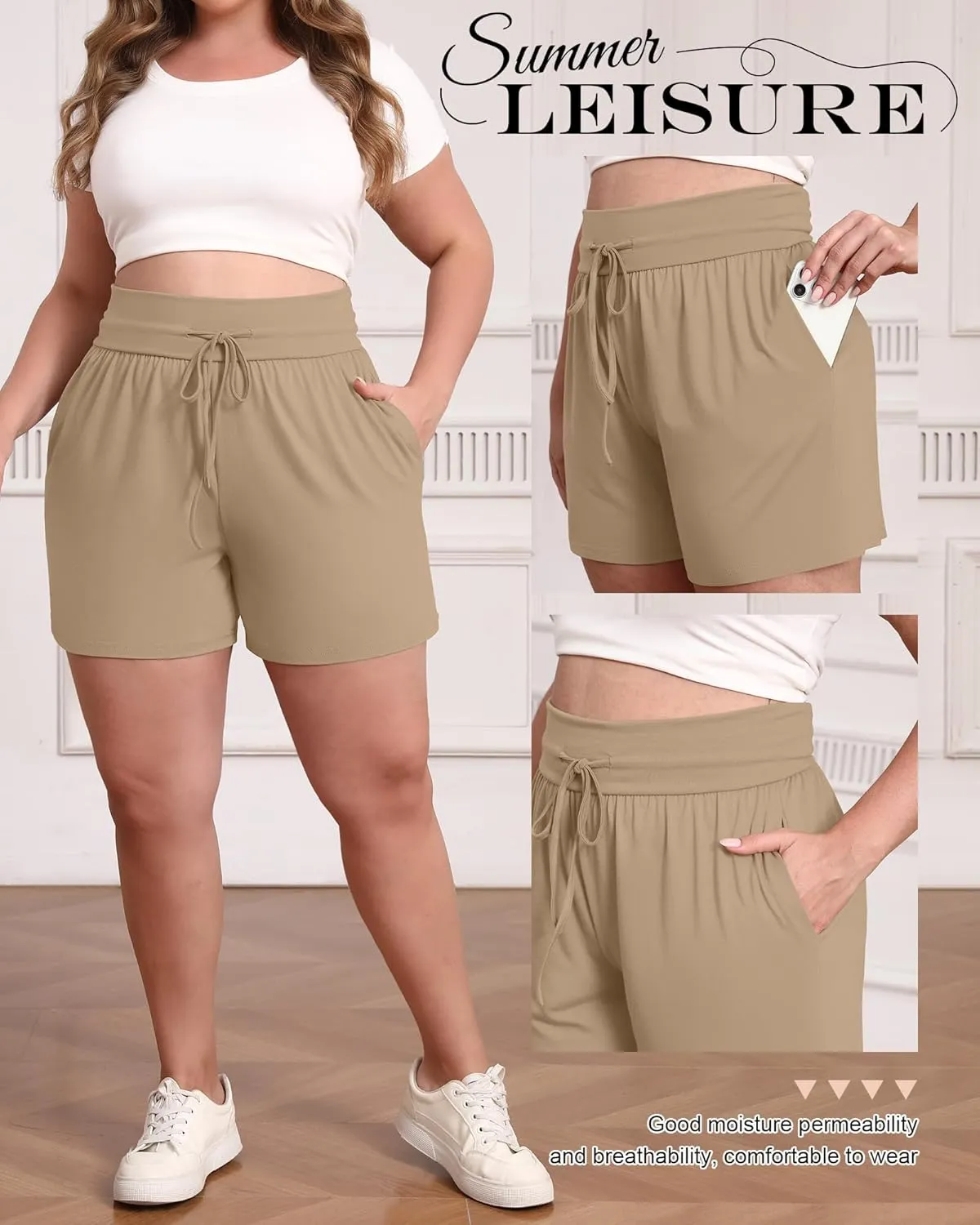 Neer 3 Pack Women's Plus Size Sweat Shorts, Cotton Drawstring Lounge Shorts Casual Summer Lightweight Soft Short with Pockets