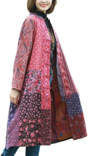 NFYM Women's Trench Coat Long Cotton Linen Floral Print Jacket Cottagecore Clothing Patchwork Outwear Each Piece Unique