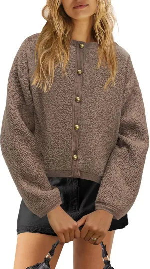 Nirovien Womens Oversized Sherpa Jacket Button Down Fleece Coat Casual Loose Fuzzy Outwear with Pockets