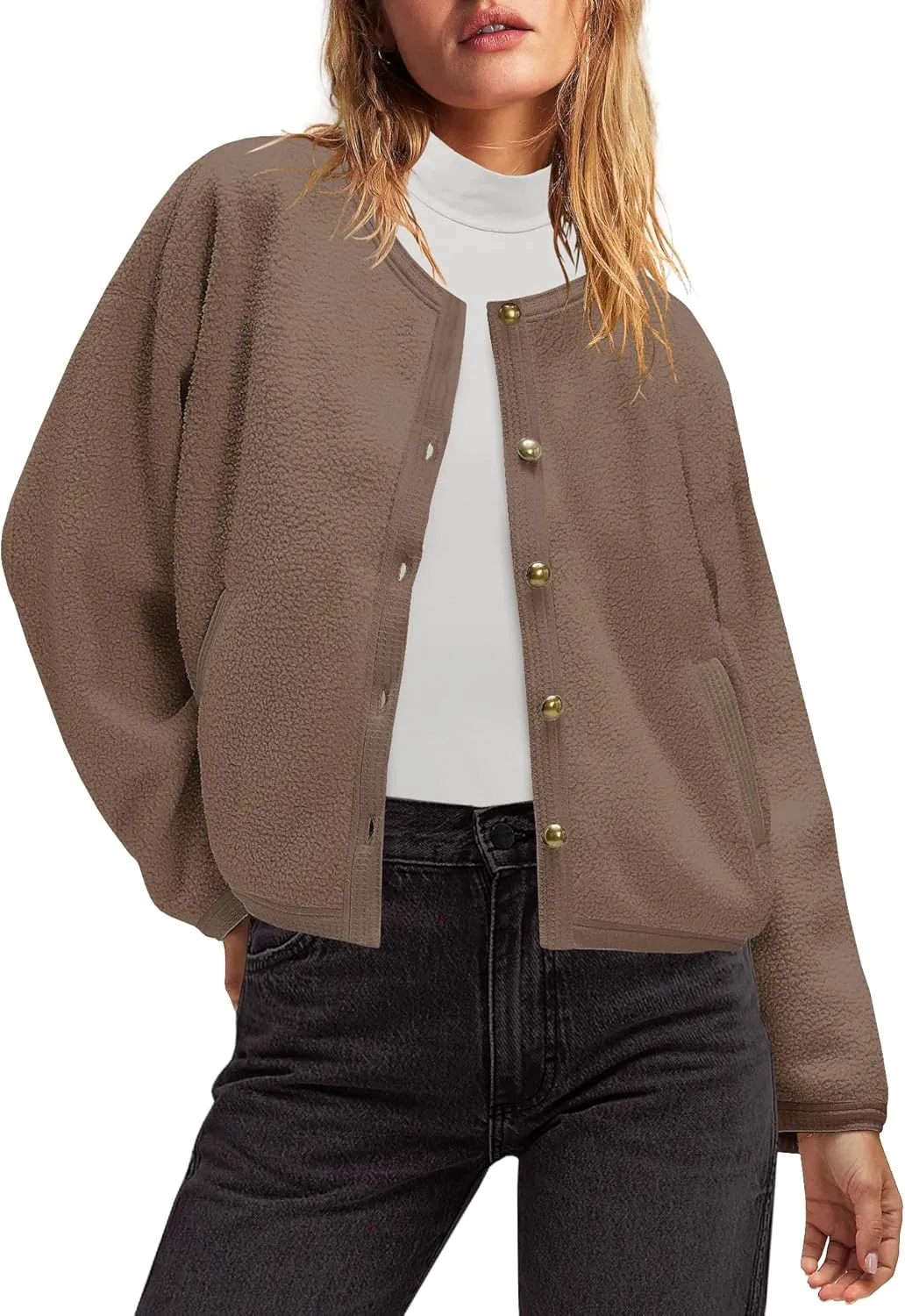 Nirovien Womens Oversized Sherpa Jacket Button Down Fleece Coat Casual Loose Fuzzy Outwear with Pockets