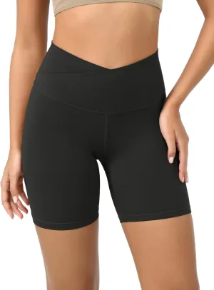 ODODOS Cloud Feeling Crossover Yoga Shorts with Back Pocket for Women, 6" / 8 V High Wasit Lounge Biker Shorts