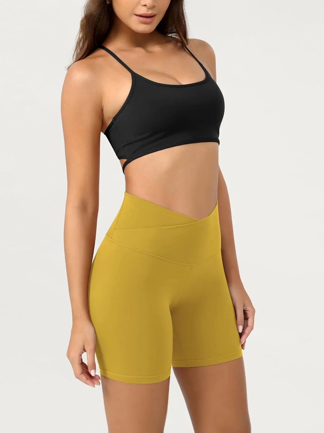 ODODOS Cloud Feeling Crossover Yoga Shorts with Back Pocket for Women, 6" / 8 V High Wasit Lounge Biker Shorts