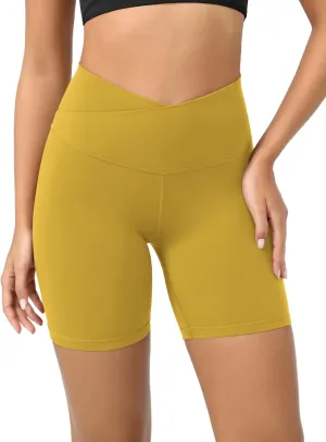 ODODOS Cloud Feeling Crossover Yoga Shorts with Back Pocket for Women, 6" / 8 V High Wasit Lounge Biker Shorts