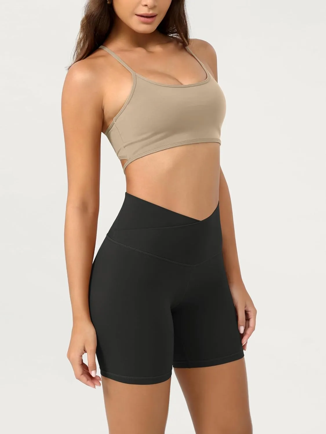 ODODOS Cloud Feeling Crossover Yoga Shorts with Back Pocket for Women, 6" / 8 V High Wasit Lounge Biker Shorts
