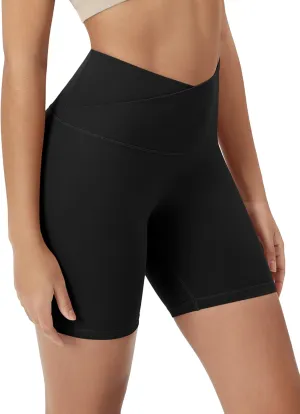 ODODOS Cloud Feeling Crossover Yoga Shorts with Back Pocket for Women, 6" / 8 V High Wasit Lounge Biker Shorts
