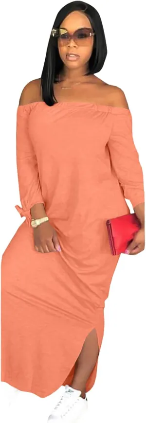 OLUOLIN Women's Casual Letter Print Off Shoulder Long Sleeve Bowknot Sides Slit Loose Long T-Shirt Maxi Dress