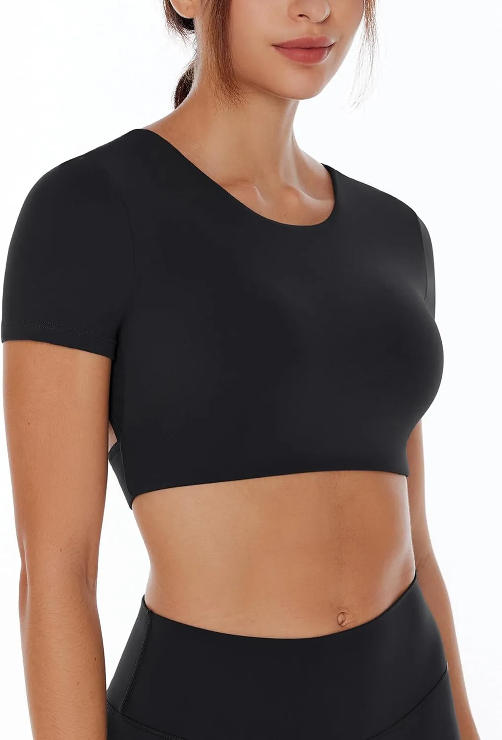 Open Back Workout Crop Tops for Women Backless Yoga Shirts Gym Short Sleeve Mild Support Compression Tee with Bra