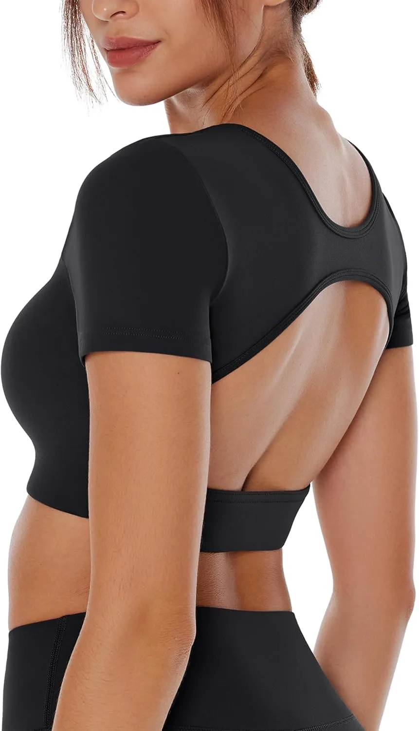 Open Back Workout Crop Tops for Women Backless Yoga Shirts Gym Short Sleeve Mild Support Compression Tee with Bra