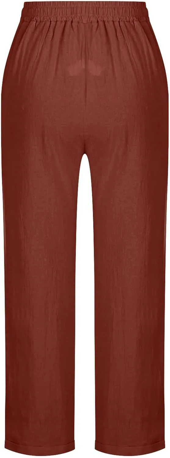 Oplxuo Womens Casual Cotton Linen High Waist Pants Drawstring Loose Fit Summer Pants Trousers with Side Pockets