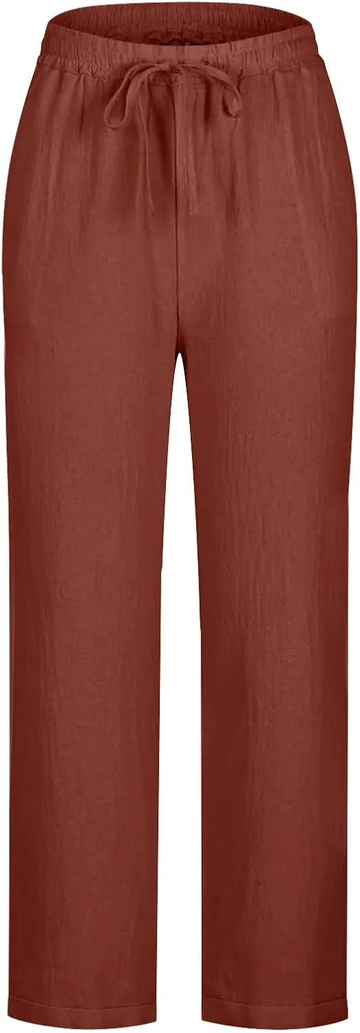 Oplxuo Womens Casual Cotton Linen High Waist Pants Drawstring Loose Fit Summer Pants Trousers with Side Pockets