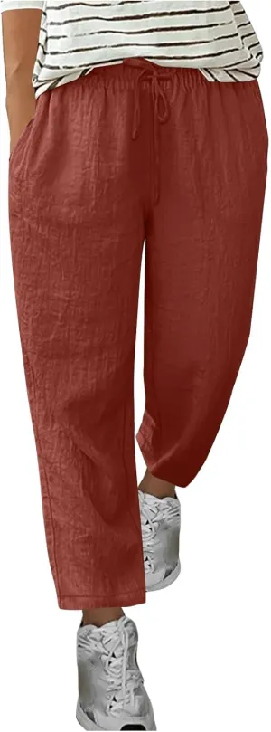 Oplxuo Womens Casual Cotton Linen High Waist Pants Drawstring Loose Fit Summer Pants Trousers with Side Pockets