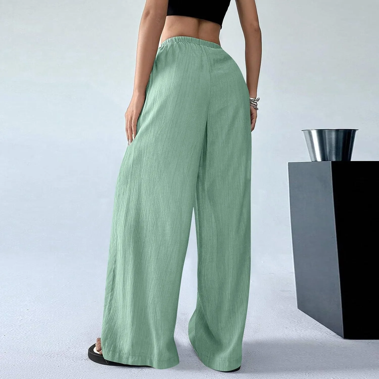 Oversized Wide Leg Pants Woman Baggy Elastic High Waisted Linen Trousers Pants Summer Boho Flowy Pants with Pockets