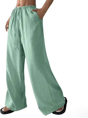 Oversized Wide Leg Pants Woman Baggy Elastic High Waisted Linen Trousers Pants Summer Boho Flowy Pants with Pockets