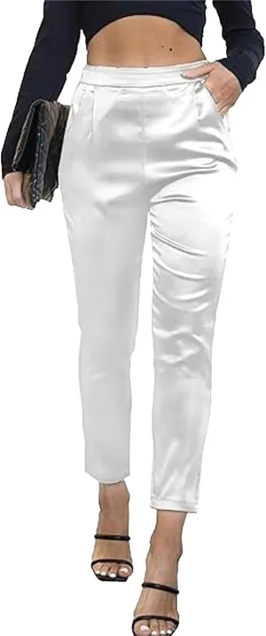 Pants for Women Satin Dress Casual Pleated Pull On High Waist Dressy Pants with Pockets 2025 Summer Trendy Trouser