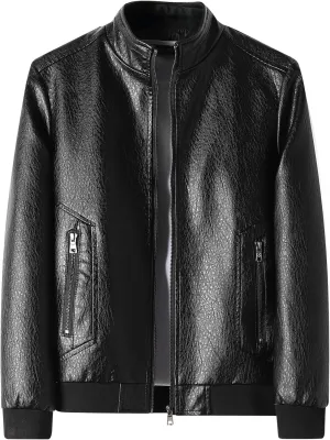 PEGENO Men's Stand Collar Leather Jacket Lightweight Faux Leather Motorcycle Jacket