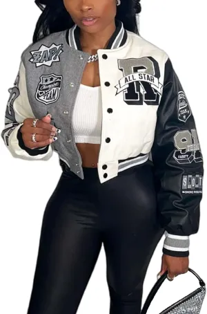 Perbai Women's Cropped Varsity Jacket Colorblock Letter Print Button Down Letterman Bomber Coat with Pockets Y2K Streetwear