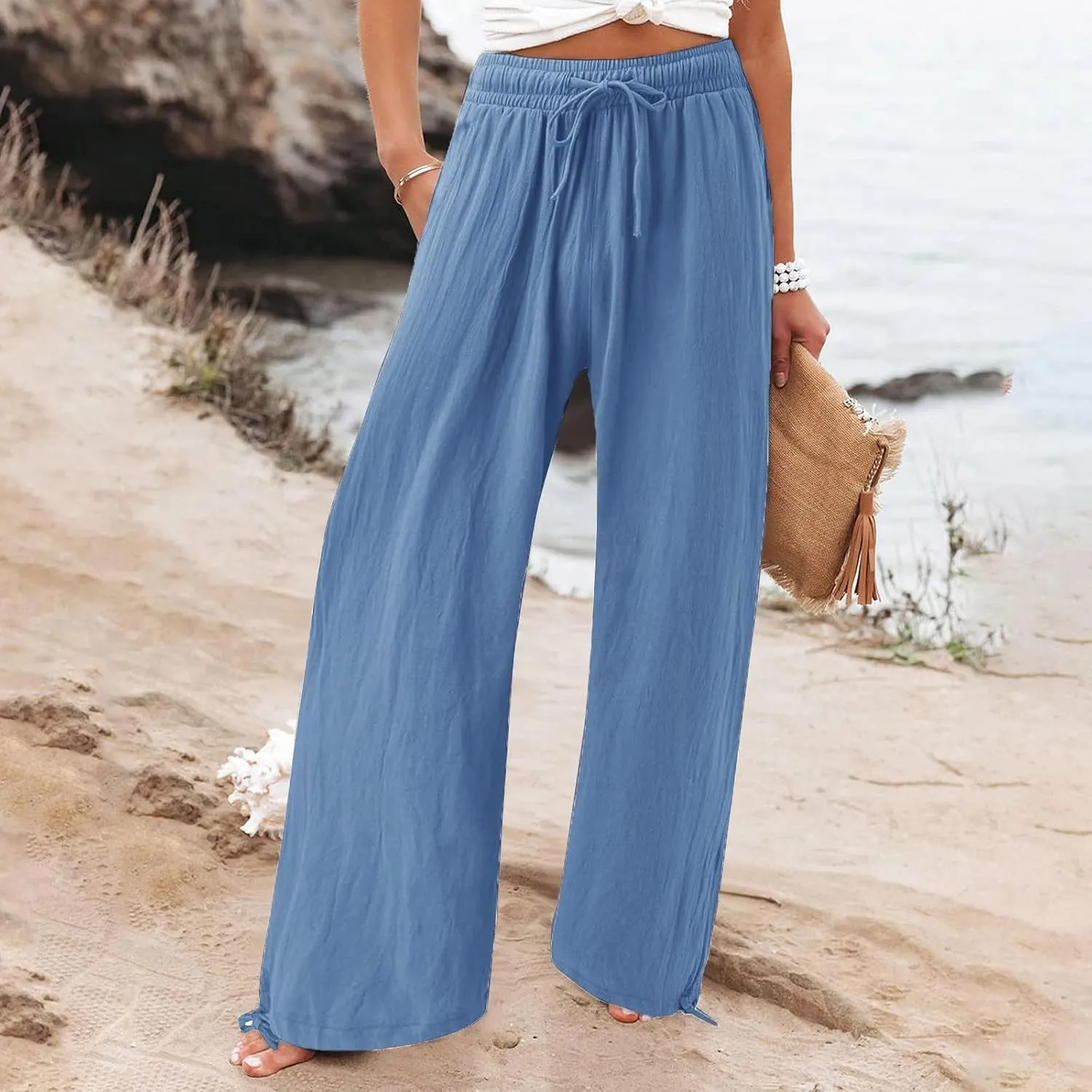 Petite Linen Pants Capri Summer Palazzo Wide Leg Linen Pant Women's Cotton Trousers Suits