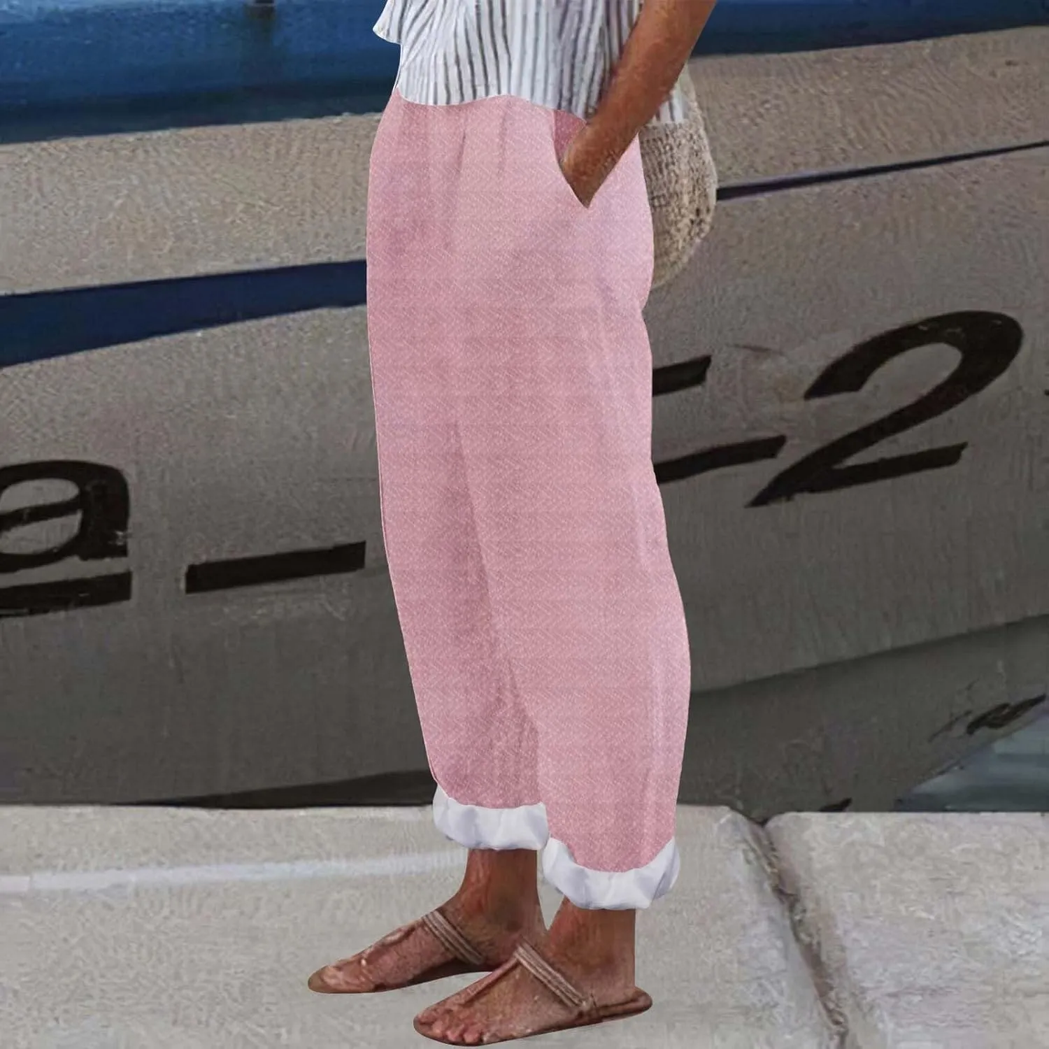 Petite Linen Pants for Women Geometric Texture Cotton Linen Casual Pants Loose Fit Drawstring Trousers with Pockets