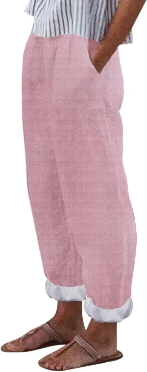 Petite Linen Pants for Women Geometric Texture Cotton Linen Casual Pants Loose Fit Drawstring Trousers with Pockets