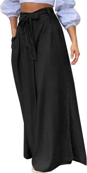 Plus Size Palazzo Pants for Women Summer Casual Bandage High Waist Loose Wide Leg Lounge Trousers with Pockets