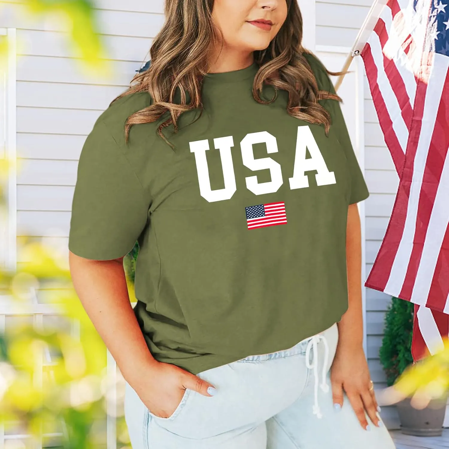 Plus Size USA Flag Shirt for Women 4th of July American Flag Print Tee Tops Short Sleeve Patriotic T-Shirt Blouse