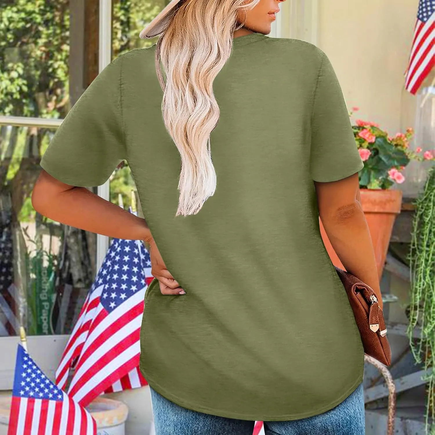 Plus Size USA Flag Shirt for Women 4th of July American Flag Print Tee Tops Short Sleeve Patriotic T-Shirt Blouse