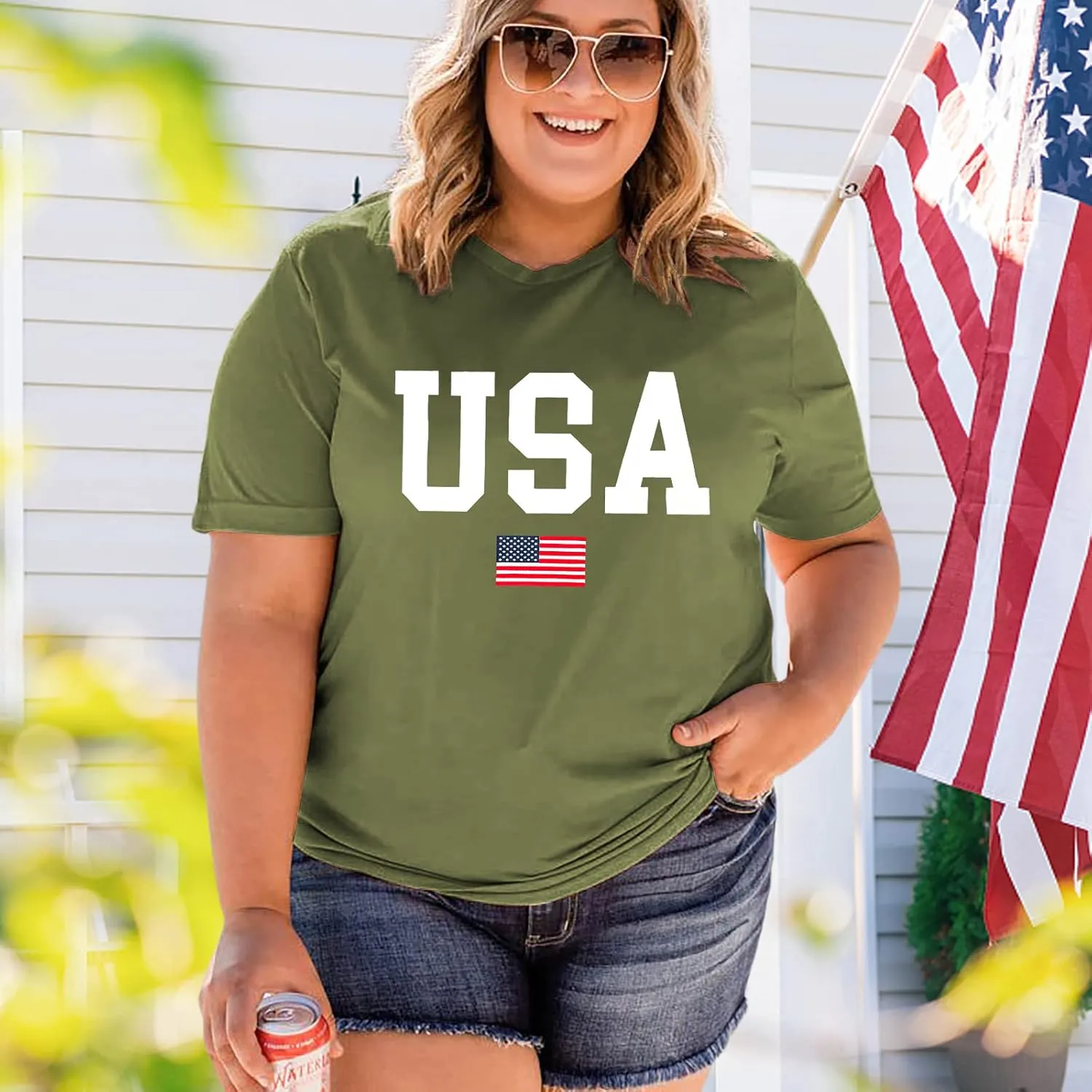 Plus Size USA Flag Shirt for Women 4th of July American Flag Print Tee Tops Short Sleeve Patriotic T-Shirt Blouse