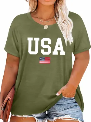 Plus Size USA Flag Shirt for Women 4th of July American Flag Print Tee Tops Short Sleeve Patriotic T-Shirt Blouse
