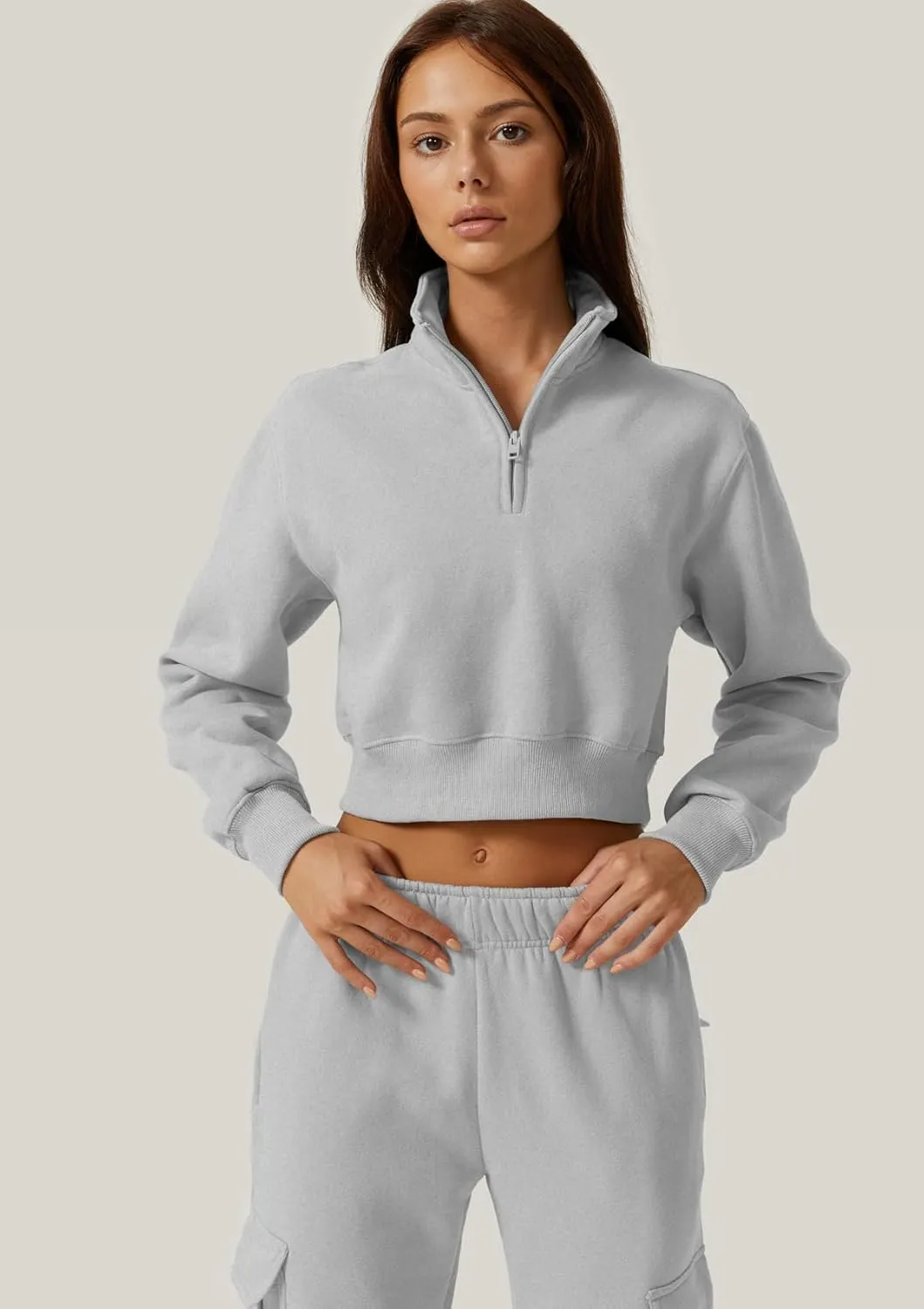 QINSEN Womens Half Zip Crop Sweatshirt High Neck Long Sleeve Pullover Cropped Top