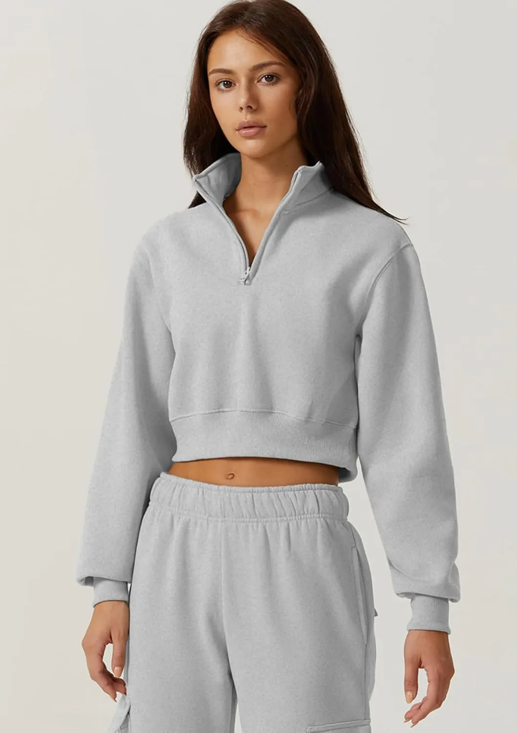 QINSEN Womens Half Zip Crop Sweatshirt High Neck Long Sleeve Pullover Cropped Top