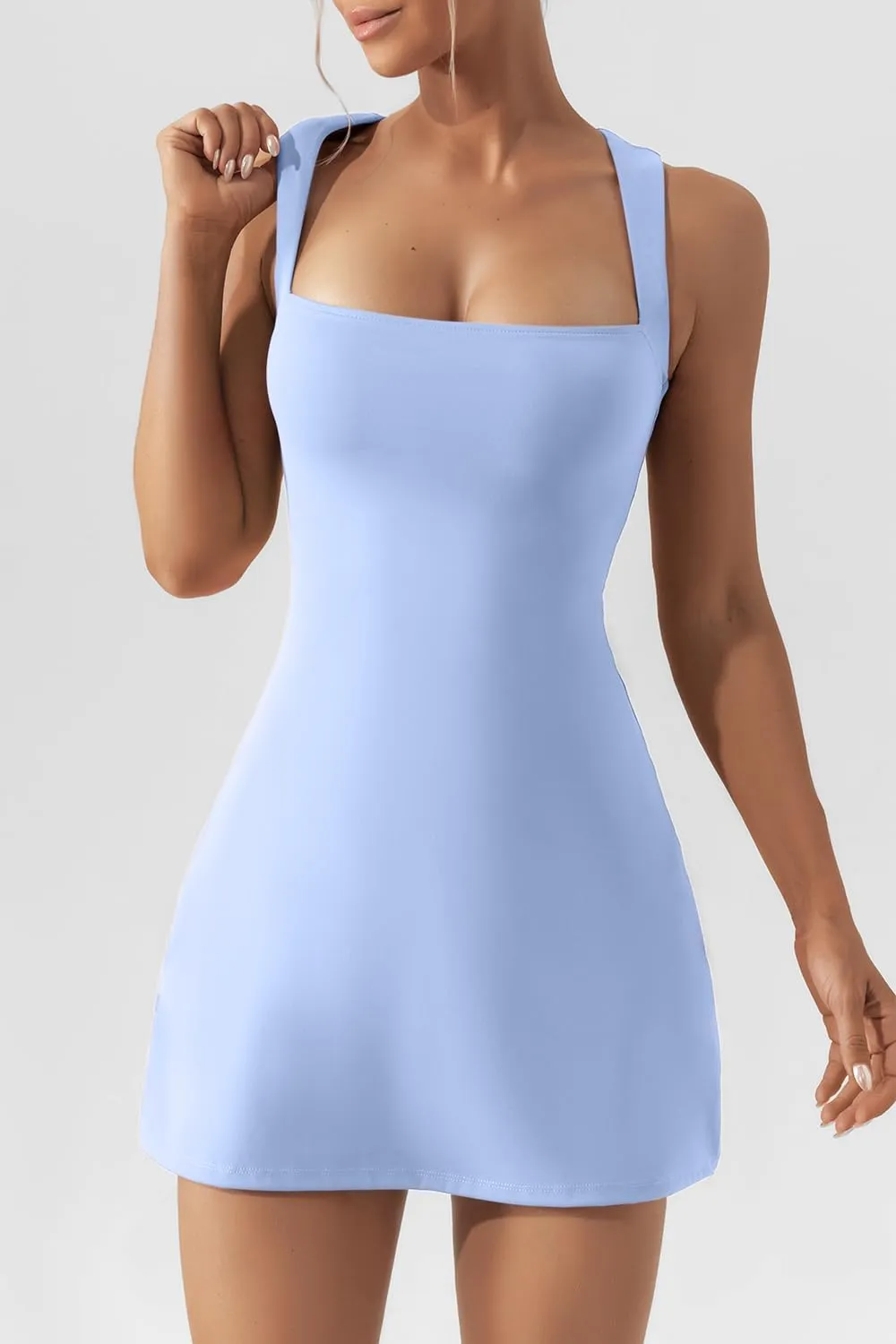 QINSEN Women's Square Neck Bodice Dress Sleeveless Tank Top Stretch Flare Mini Dresses
