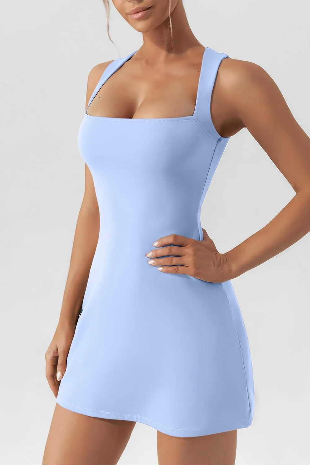 QINSEN Women's Square Neck Bodice Dress Sleeveless Tank Top Stretch Flare Mini Dresses