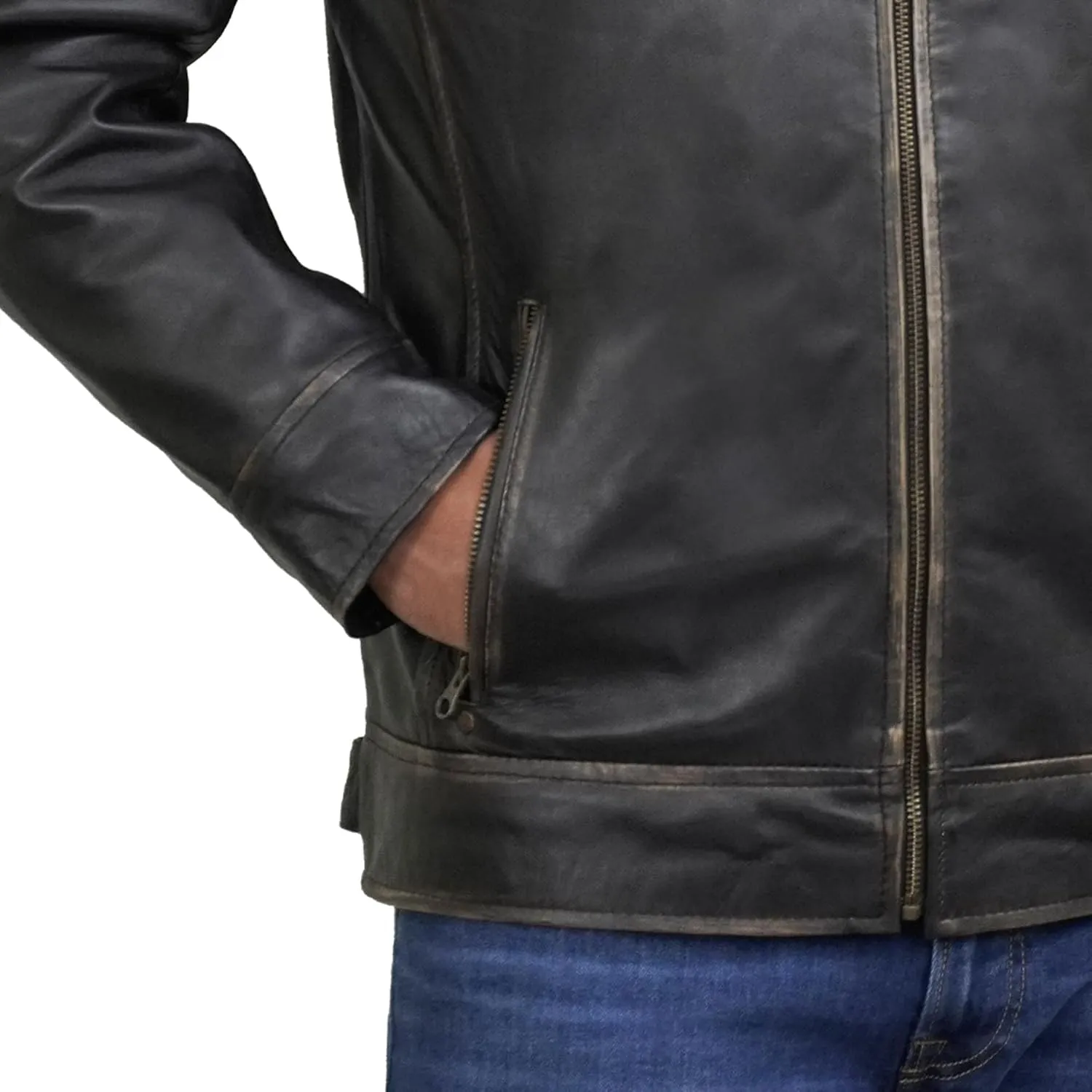 Real Lambskin Leather Jacket Men - Biker Style Stand Collar Zip Up Mens Motorcycle Jackets Outerwear