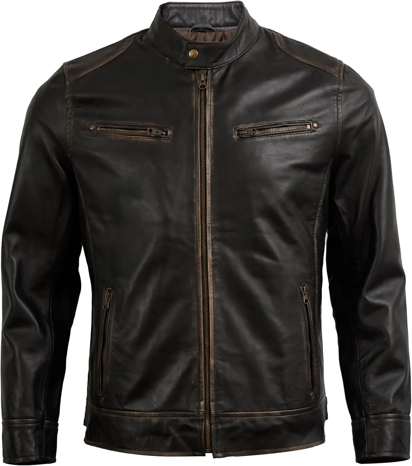 Real Lambskin Leather Jacket Men - Biker Style Stand Collar Zip Up Mens Motorcycle Jackets Outerwear