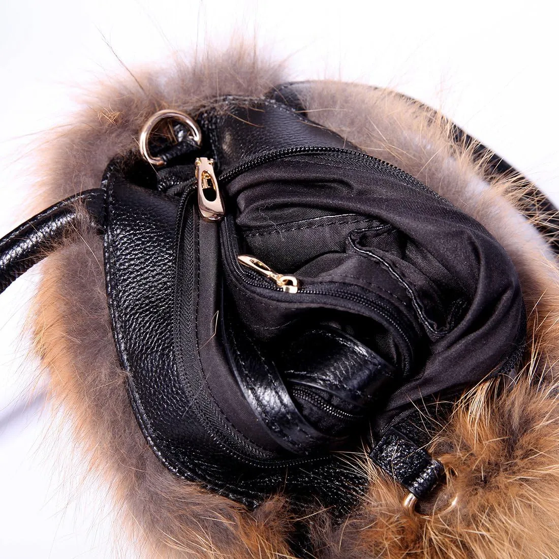 Real Mink Handbag Top Handle Women's Bucket Bags with Fox Trim