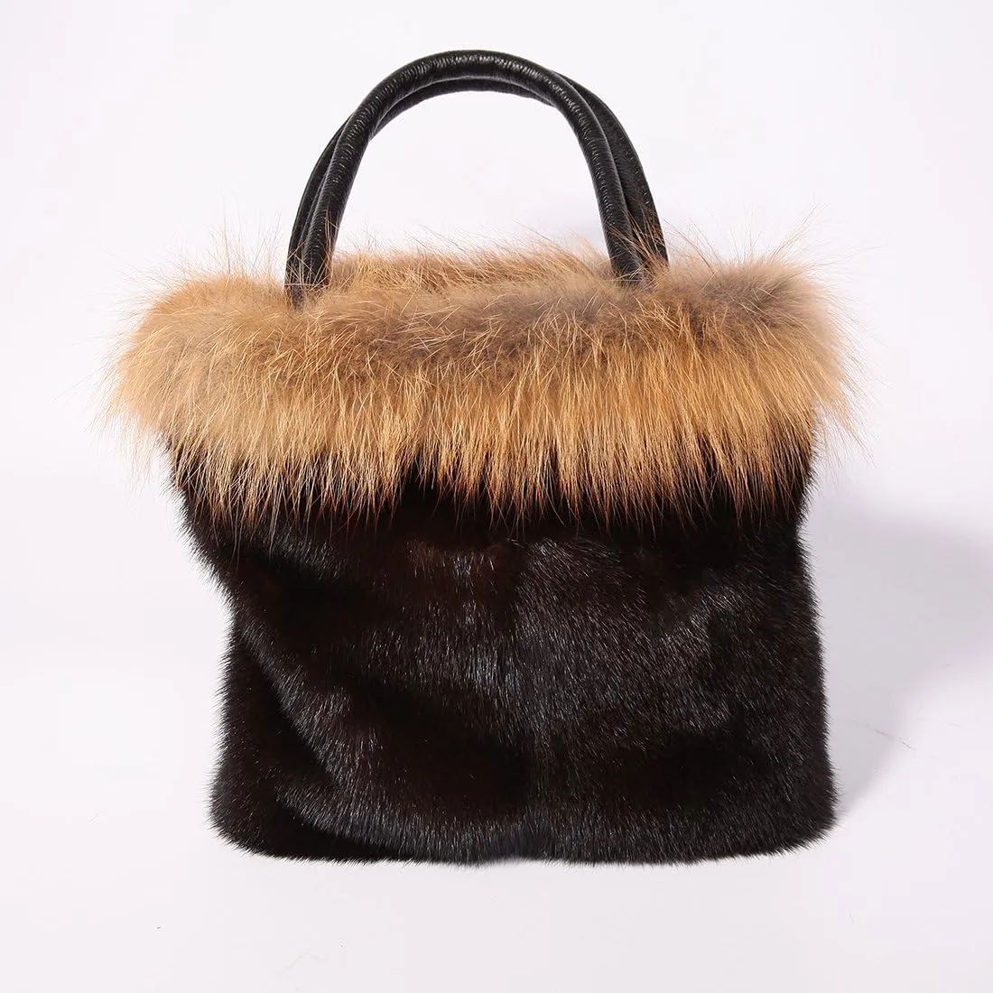 Real Mink Handbag Top Handle Women's Bucket Bags with Fox Trim