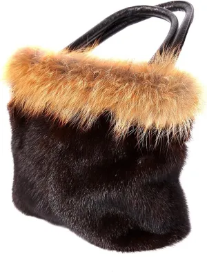 Real Mink Handbag Top Handle Women's Bucket Bags with Fox Trim