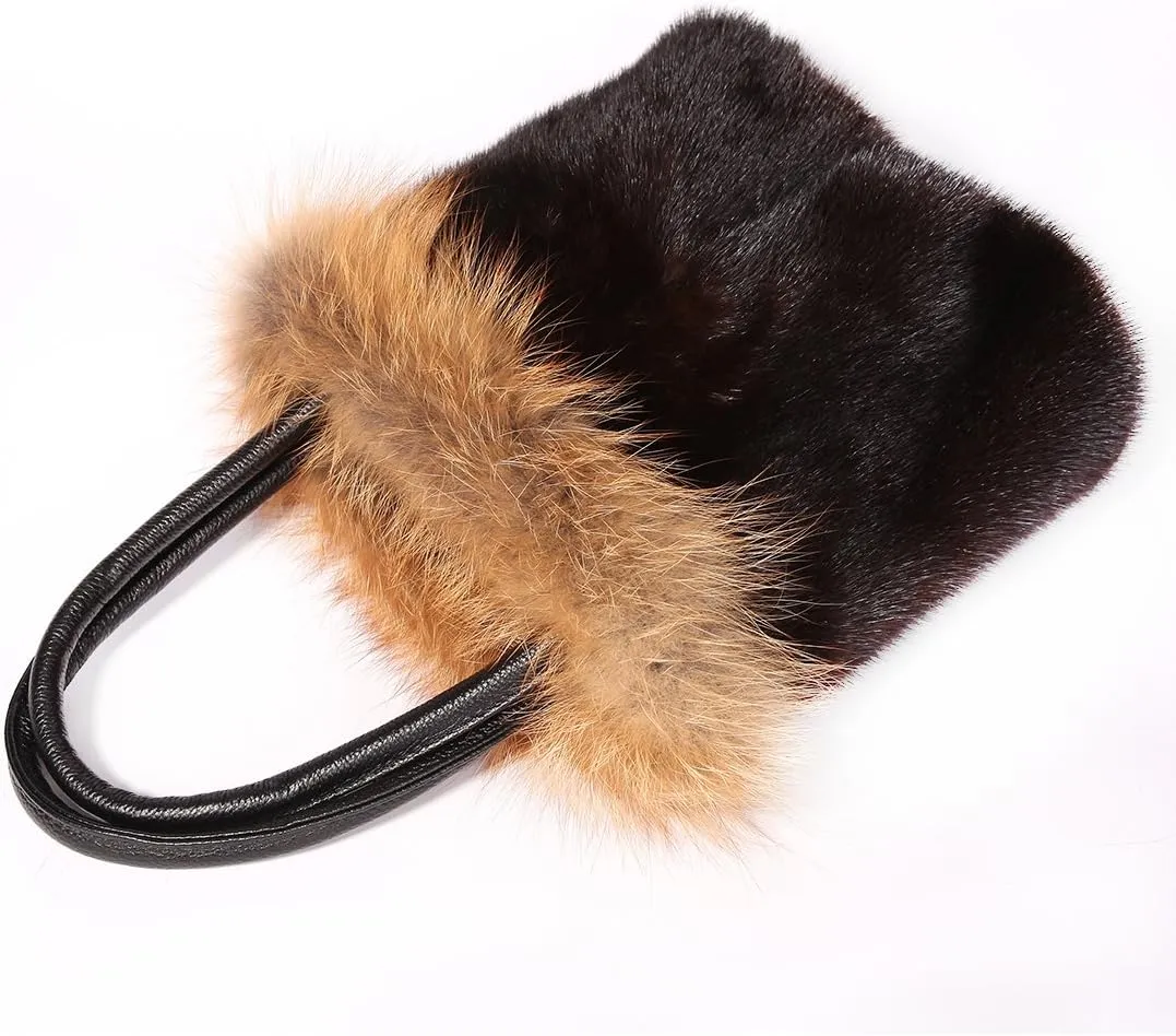 Real Mink Handbag Top Handle Women's Bucket Bags with Fox Trim