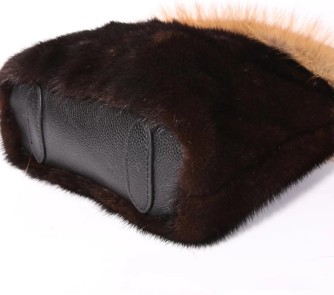 Real Mink Handbag Top Handle Women's Bucket Bags with Fox Trim