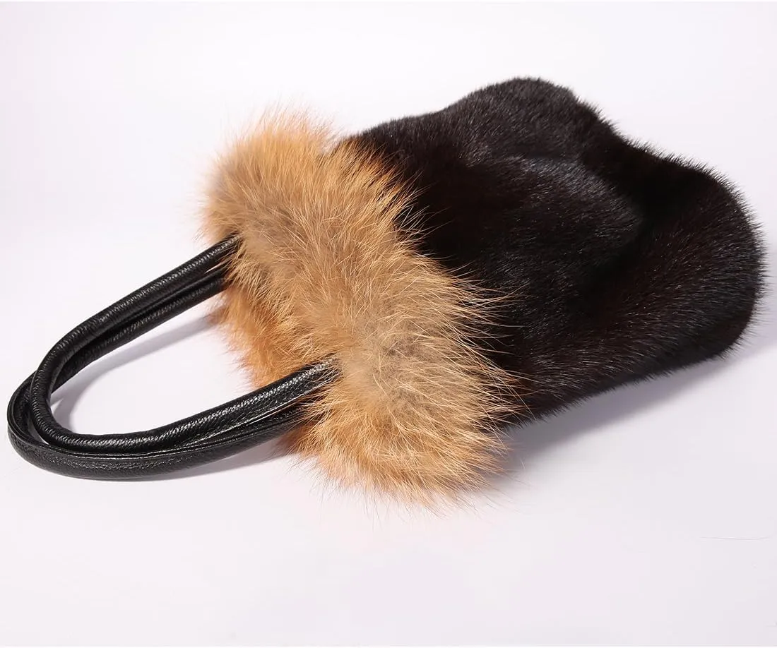 Real Mink Handbag Top Handle Women's Bucket Bags with Fox Trim