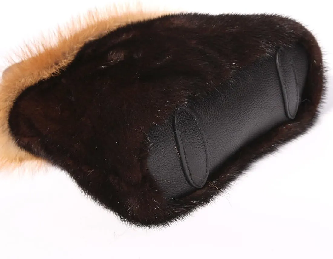 Real Mink Handbag Top Handle Women's Bucket Bags with Fox Trim